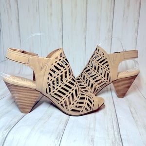 Vince Camuto Tan Leather Open Toe Cage Block Heel 10M